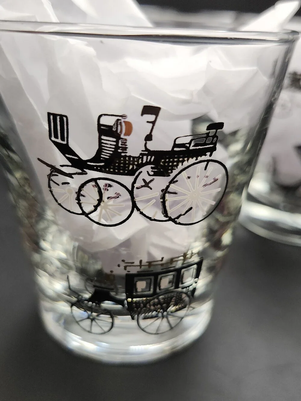Vintage Libbey Horseless Carriage Whiskey Tumbler Set 4 Low Ball Barware Glasses